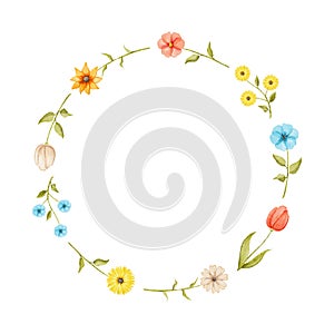 Watercolor round frame with bright flowers