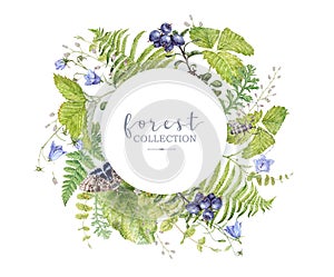 Watercolor round frame with forest plants butterfly