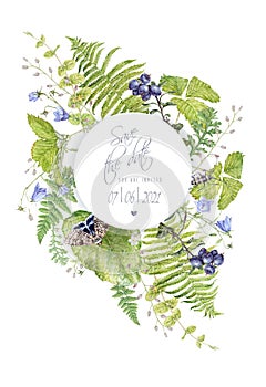 Watercolor round frame with forest plants butterfly