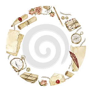 Watercolor round frame with letters, pocket watch, compass, roses, old paper and scrolls isolated on a white background.