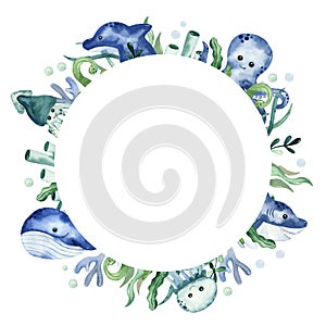 Watercolor round frame with sea creatures, fish, algae and corals