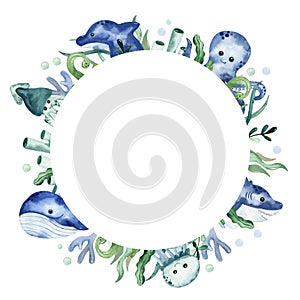 Watercolor round frame with sea creatures, fish, algae and corals photo