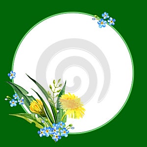 watercolor round frame with summer yellow flowers blow ball, hand draw dandelions, forget me not flowers and leaves