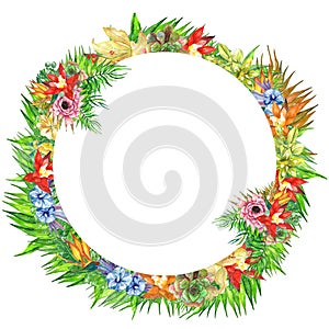 Watercolor round frame tropical leaves and branches isolated on white background!tropical green leaves frame! photo