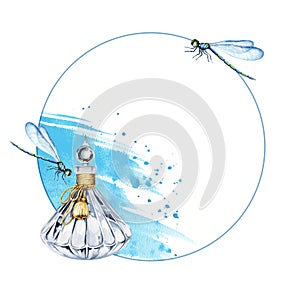 watercolor round frame with vintage perfume glass bottle, background of water and spray, flying dragonflies, hand drawn