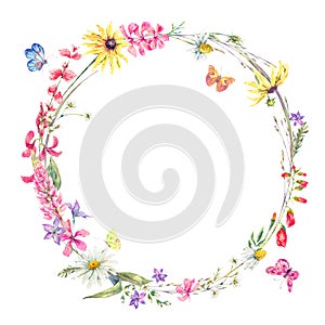 Watercolor round frame with wildflowers photo