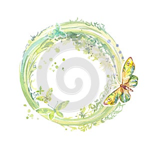 Watercolor round green frame with butterflies. Natural abstract element isolated on white