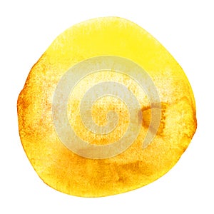 Watercolor round spot of yellow. Abstract composition for stylish design. Bright festive decoration of cards