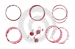 Watercolor round spots of red wine, drops, splashes, spilled wine glass, icons.