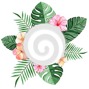 Watercolor round tropical frame with green palm leaves and color flowers isolated on white background