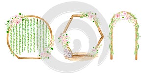 Watercolor round wedding arch. Hand drawn wood bohemian archway with flower bouquets and greenery isolated on white