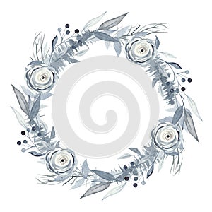 Watercolor round wreath with winter christmas plants, branches, spruce, pine, flowers, leaves in blue