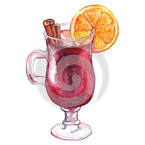 Watercolor rum orange cinnamon alcohol cocktail isolated