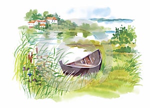 Watercolor rural Landscape with boat vector illustration