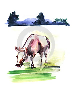 Watercolor rural landscape of brown and white cow grazing in meadow with blurred silhouettes of forest and mountains in distance.