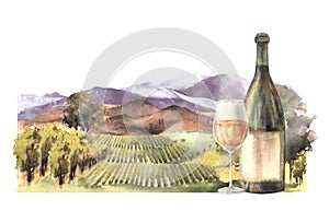Watercolor rural landscape illustration with bottle and glass in front of the vineyards. Wine label