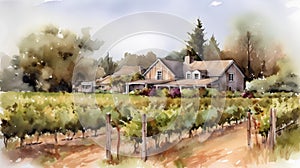 Watercolor rural landscape with old farm house and vineyard. Hand drawn illustration