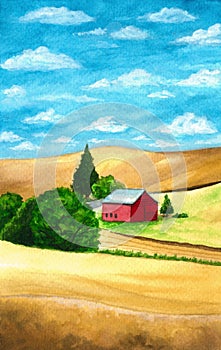 Watercolor rural landscape painting of a red farm house, surrounded by fields, trees and mountains.