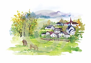 Watercolor rural village in green summer day illustration