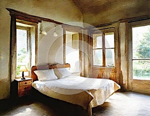 Watercolor of Rustic bedroom countryside cozy