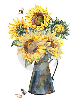 Watercolor rustic farmhouse sunflower bouquet, vintage  jug, vase