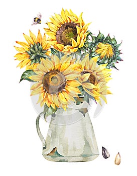 Watercolor rustic farmhouse sunflower bouquet, vintage white enamel jug, vase