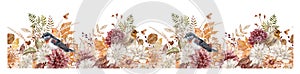 Watercolor rustic header with birds and autumn flowers. Fall bouquet. Hand-drawn seamless pattern.