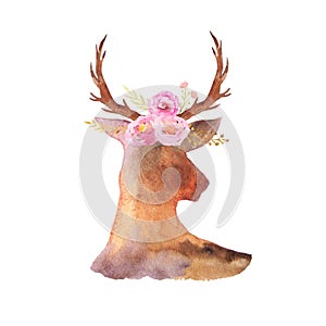 Watercolor rustic set of deer,flowers and leaves photo