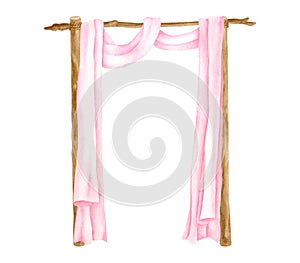 Watercolor rustic wedding arch with wood sticks decorated with pink curtains. Hand drawn wooden square archway isolated