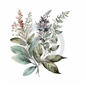 Watercolor Sage Floral Clipart. Beautiful Watercolor set . Isolated on White Background.