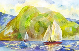 Watercolor sailboats on the background of green mountains. Handmade landscape with a sunset or sunrise scene