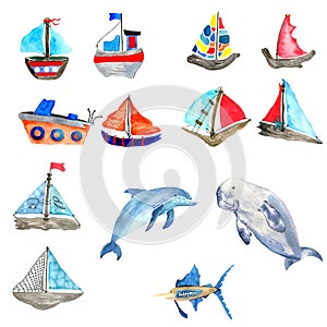 Watercolor sailboats and sea animals isolated on white background.