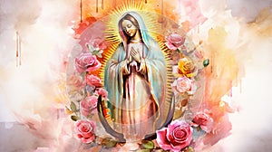 Watercolor Saint Mary of Guadalupe (Virgen de Guadalupe) in honor of the celebration of the Mexican holiday of photo