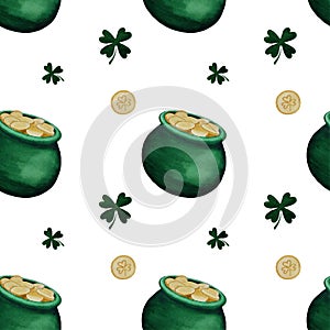 Watercolor Saint Patrick`s Day pattern. Set of watercolor elements: green pot of gold, coin, clover isolated on white background.