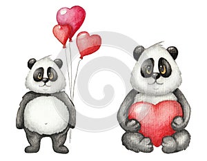 Watercolor Saint Valentine`s Day cute card with Panda