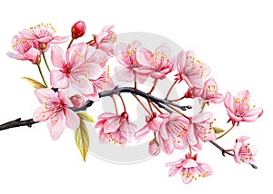 Watercolor sakura, Pink cherry blooming flowers. Isolated realistic petals, blossom, branch. Design spring illustration