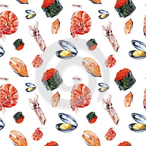 Watercolor salmon, squid, chrimp, sushi caviar isolated seamless pattern. photo