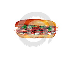 Watercolor sandwich with meat cuts isolated on white background photo