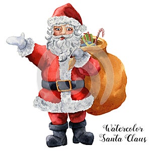 Watercolor Santa Claus. Hand painted Christmas character with gift bag isolated on white background. Holiday print for