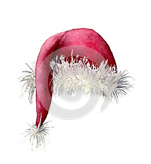 Watercolor Santa Claus hat. Hand painted christmas illustration isolated on white background. For design, background or