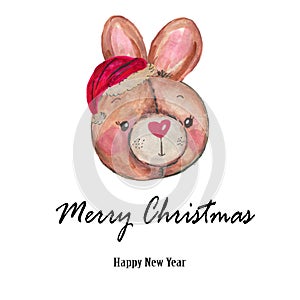 Watercolor Santa Claus red hat little bunny Hand painted