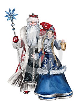Watercolor Santa Clause andSnow Maiden , Russian style