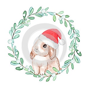 Watercolor santa rabbit in wreath isolated on white background