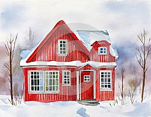 Watercolor of Scandanavian folk art house