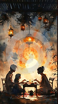 Watercolor scene of a family dinner under hanging lanterns with a sunset background. Card for an Islamic holiday.