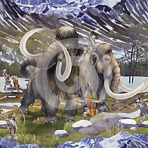 Watercolor scene of primordial humans hunting on a mammoths