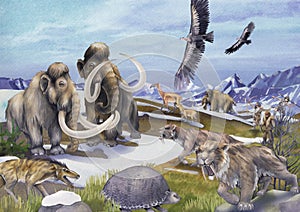 Watercolor scene of primordial humans hunting on prehistoric giant animals