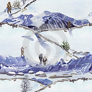 Watercolor scene of primordial humans in a snowy mountain landscape