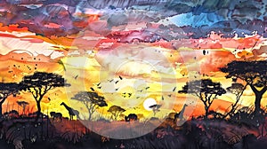 A watercolor scene of a traditional African savannah at sunrise