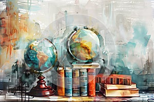 Watercolor school set. A stack of books and a globe. By generative Ai